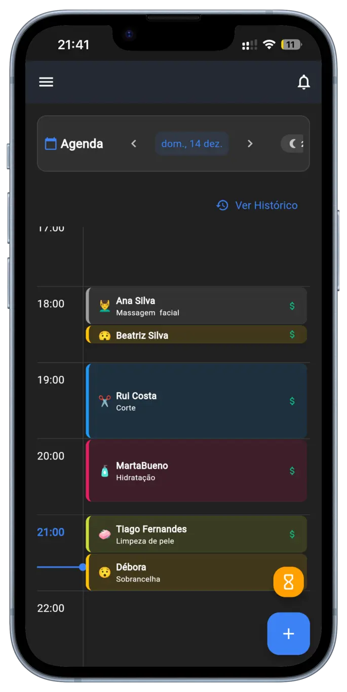 Interface do aplicativo Plannerme mostrando o painel de agenda profissional e a tela de checkout.